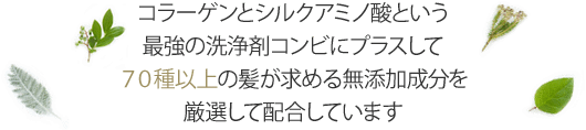 コラーゲンとシルクアミノ酸という最強の洗浄剤コンビにプラスして70種以上の髪が求める無添加成分を厳選して配合しています